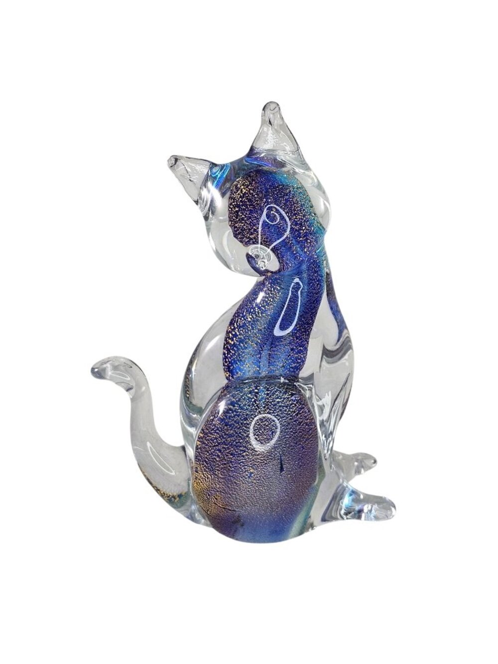 Vintage Murano Art Glass Cat Figurine Signed SF 31/750 Blue & Gold Flecks